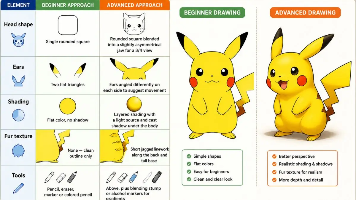 Infographic comparing beginner and advanced Pikachu drawing methods, showing differences in head shape, ear positioning, shading, fur texture, and drawing tools with side-by-side character illustrations.